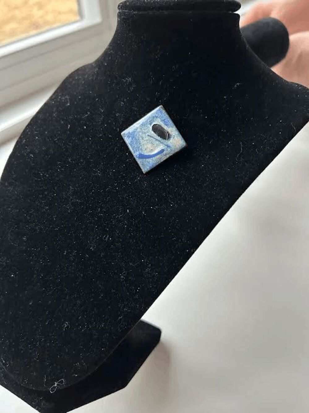 Vintage 90s Modernist Blue & White Enameled Copper Pin - Abstract Design